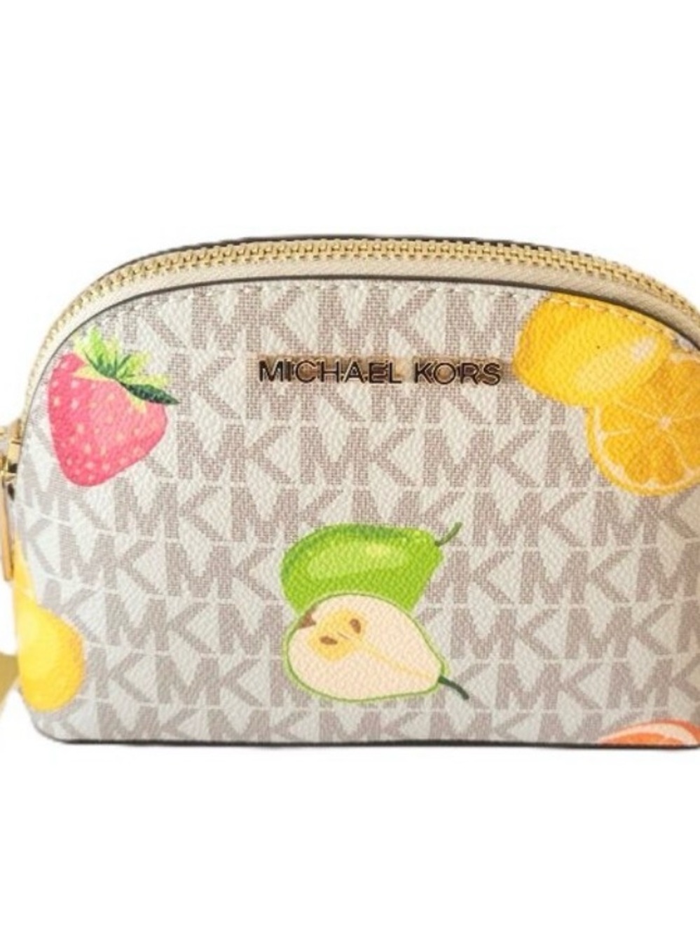NWT Michael Kors Small, Beige Logo Cosmetic Pouch-Pink/Green/Yellow Fruit Print